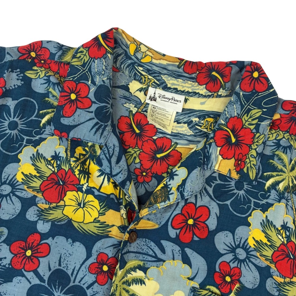Disney Parks Aloha Shirt Mens XL Blue Tropical Mickey Mouse Pluto Rayon Hawaiian